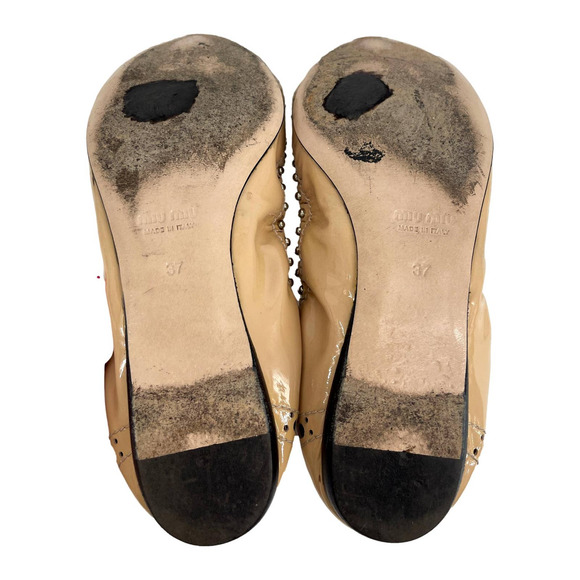 Miu Miu Flat Shoes Beige Leather Pointed Toe Bow Studded Flats Size 37 E… - Picture 11 of 11